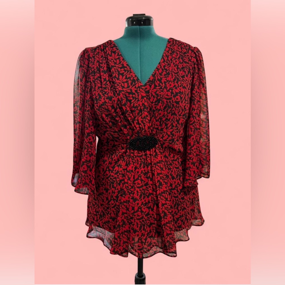 Red and Black Bell Sleeved Flowing Blouse